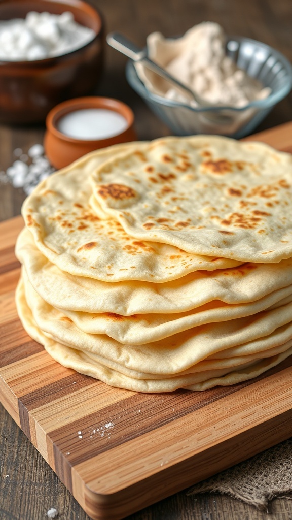 Freshly made flour tortillas stacked on a cutting board, with flour and salt in the background.